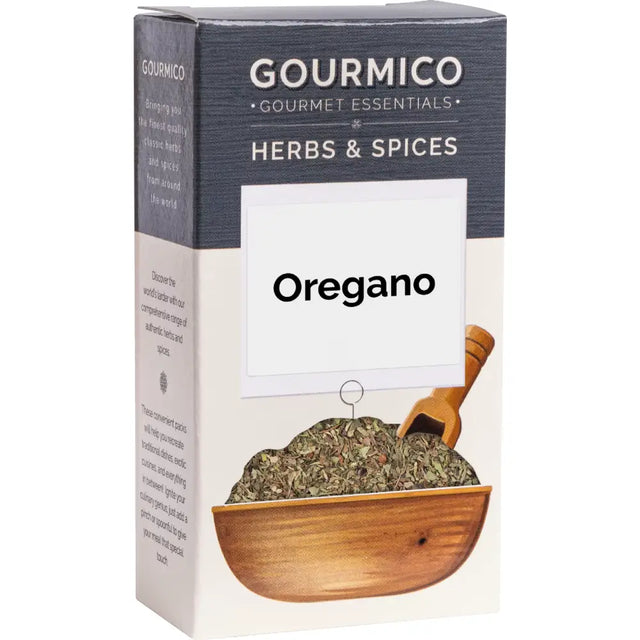 Gourmico oregano spice box with wooden bowl and scoop illustration perfect for equestrian kitchens and horses feeding