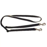 Black double dog leash with silver saddle dees metal clasps from grass reins for equestrian use