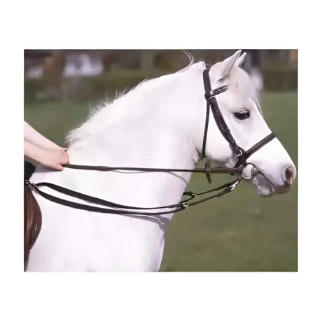 Black leather horse bridle with metal hardware shown from back side matching brown grass reins accessory