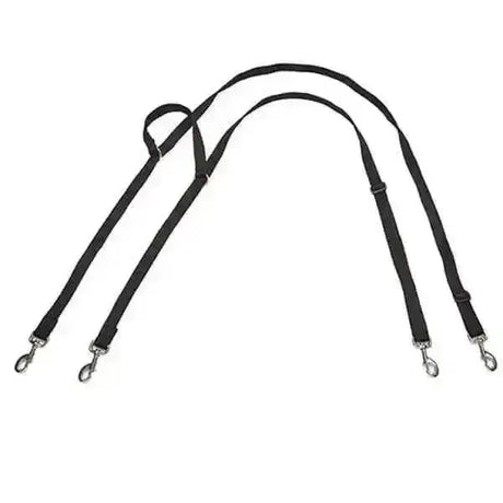Black dual dog leash set with silver clasps and adjustable straps perfect for young riders using grass reins and poll strap