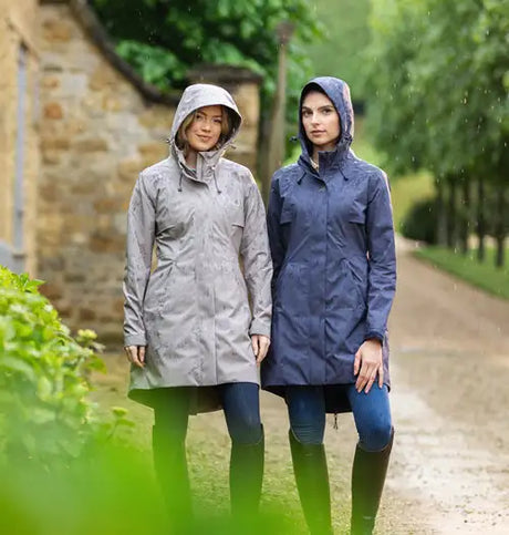 Gray and navy blue waterproof raincoats with hoods
