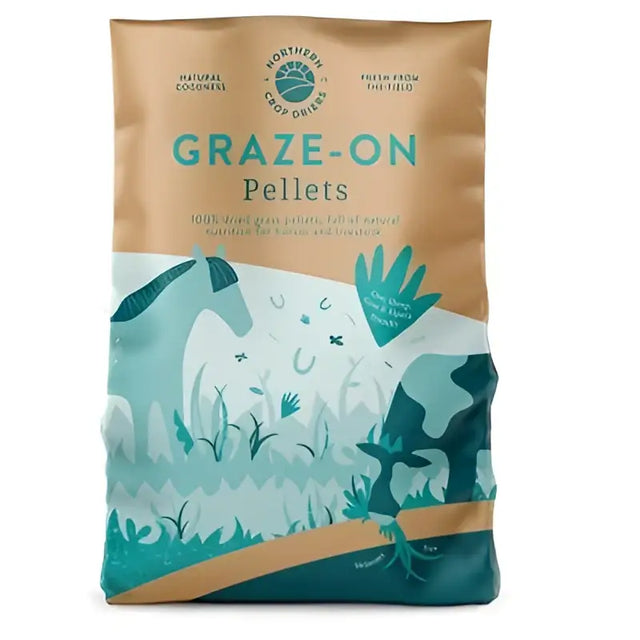 A tan and teal illustrated bag of graze-on pellets 20 kg featuring horses and grass for equestrian grass nuts and perennial ryegrass