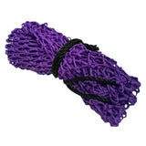 A tightly knotted bundle of vibrant purple mesh netting secured with a black cord for greedy gannet small piggy small holed hay nets