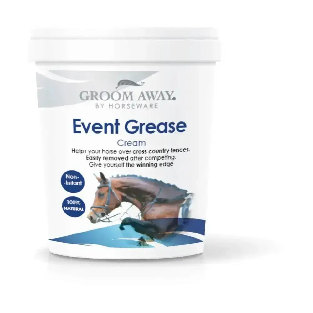 White plastic tub of groom away event grease cream by horseware with blue silver label and brown horse to protect horses legs