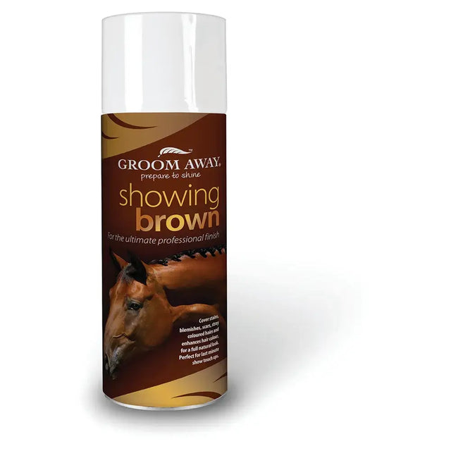 Groom away showing brown spray can back side for horse hair care to cover stray dark hairs and add definition with a professional concealer