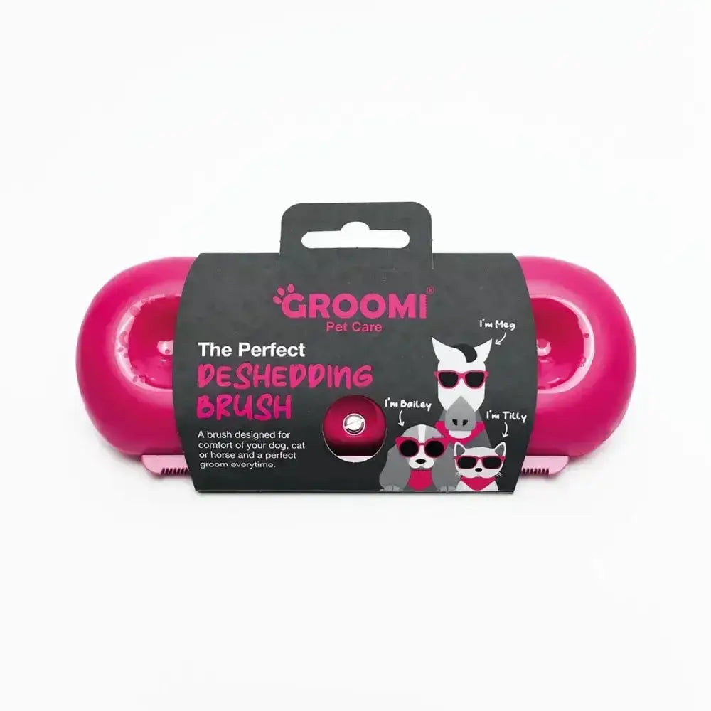 Pink groomi pet care de-shedding brush in black packaging with cartoon animals for easy pet grooming use