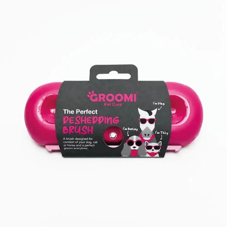 Pink groomi pet care de-shedding brush in black packaging with cartoon animals for easy pet grooming use
