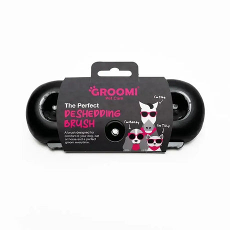 Black groomi pet care deshedding brush in packaging with cartoon animals on label for care groomi tool 2.0