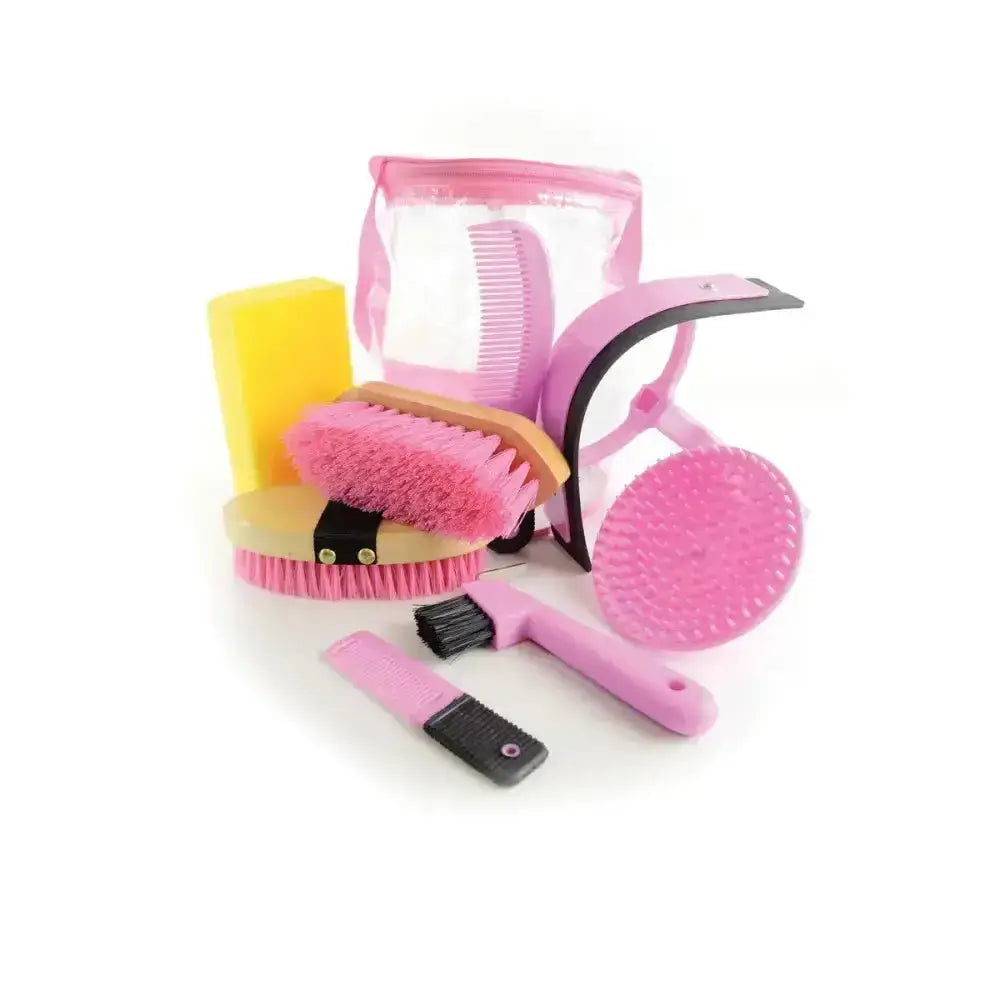 Grooming kit pink with assorted brushes sponge and curry comb in clear plastic packaging for horse tack boxes