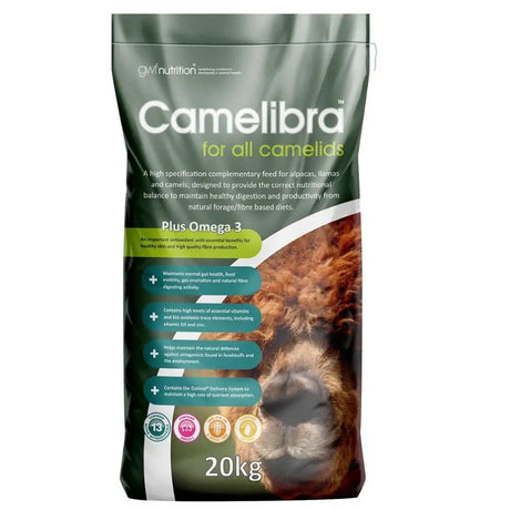 A 20kg bag of growell feeds camelibra premium camelid feed with dark green and white design featuring a camel image
