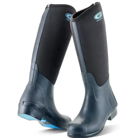 Black and teal grubs rideline waterproof rubber riding boots with hard toe rubber sole and padded upper for comfort