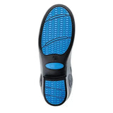 Black and bright blue rubber sole with textured triangular grip on grubs rideline 5.0 waterproof riding boots hard toe