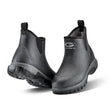 Back view of black rubber short yard boots with textured sole and elastic side panels featuring grub logo grubs shoreline
