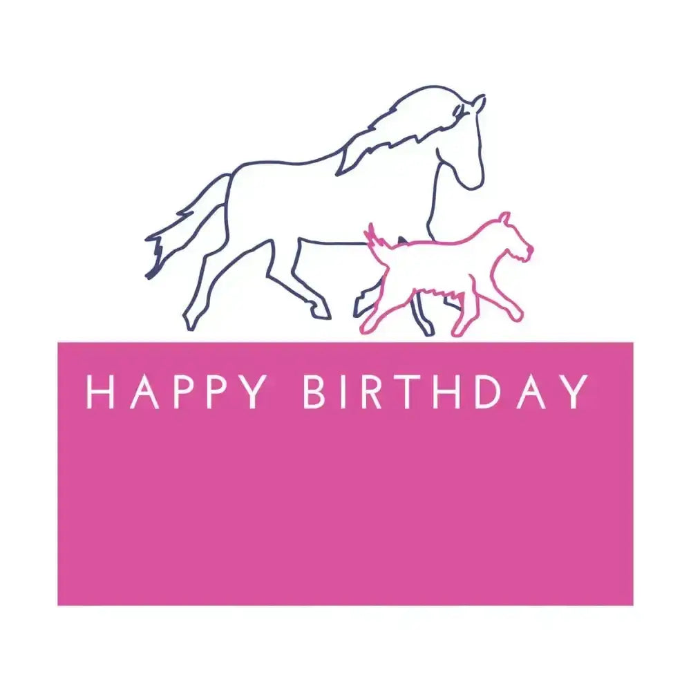 Pink gubblecote beautiful greetings card from the whimsy range with happy birthday text and horse and foal line drawings