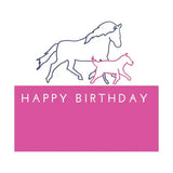 Pink gubblecote beautiful greetings card from the whimsy range with happy birthday text and horse and foal line drawings