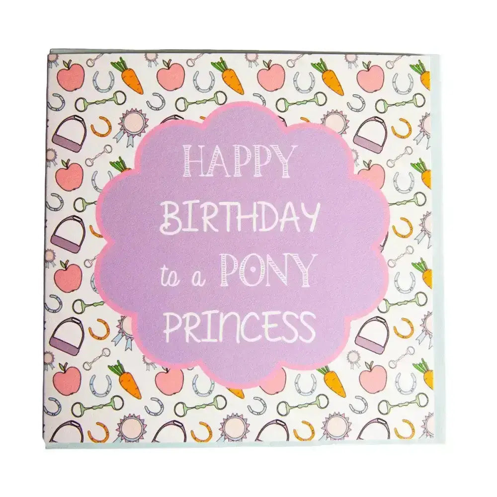 A pink cloud-shaped gubblecote beautiful greetings card with happy birthday to a pony princess text and horse-themed design