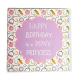 A pink cloud-shaped gubblecote beautiful greetings card with happy birthday to a pony princess text and horse-themed design