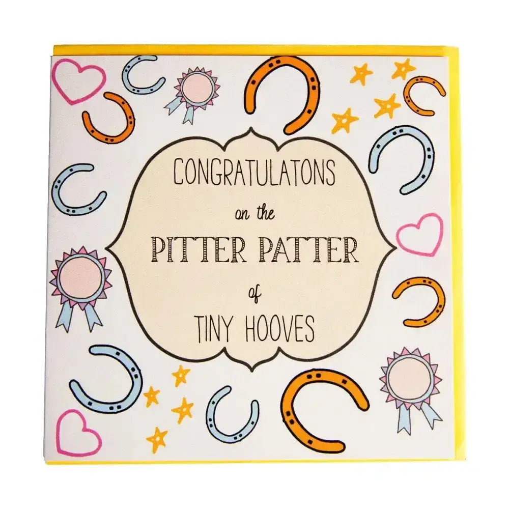 A gubblecote beautiful square greeting card with cream center yellow border and whimsical horseshoes and hearts design