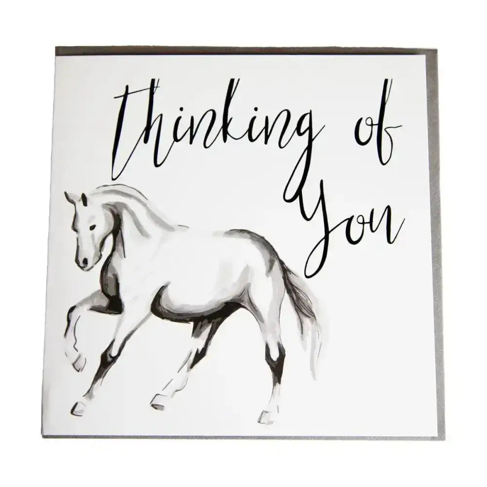 A square white gubblecote beautiful greetings card with black ink horse illustration and thinking of you text from whimsy range