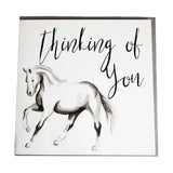 A square white gubblecote beautiful greetings card with black ink horse illustration and thinking of you text from whimsy range