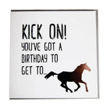White gubblecote foiled greetings card with black distressed text and metallic brown horse silhouette perfect for horsey greeting cards