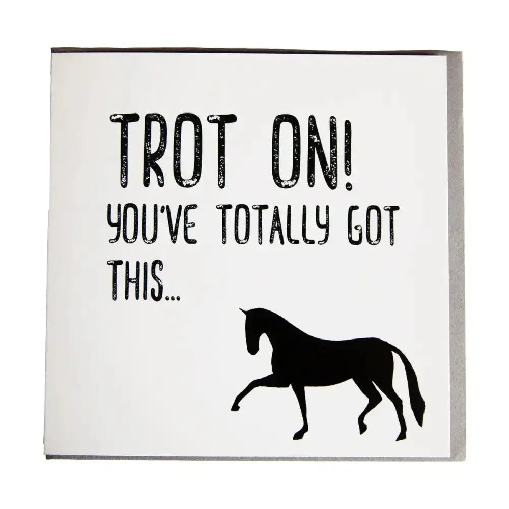White gubblecote foiled greetings card with black distressed text and horse silhouette perfect horsey greeting cards