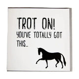 White gubblecote foiled greetings card with black distressed text and horse silhouette perfect horsey greeting cards