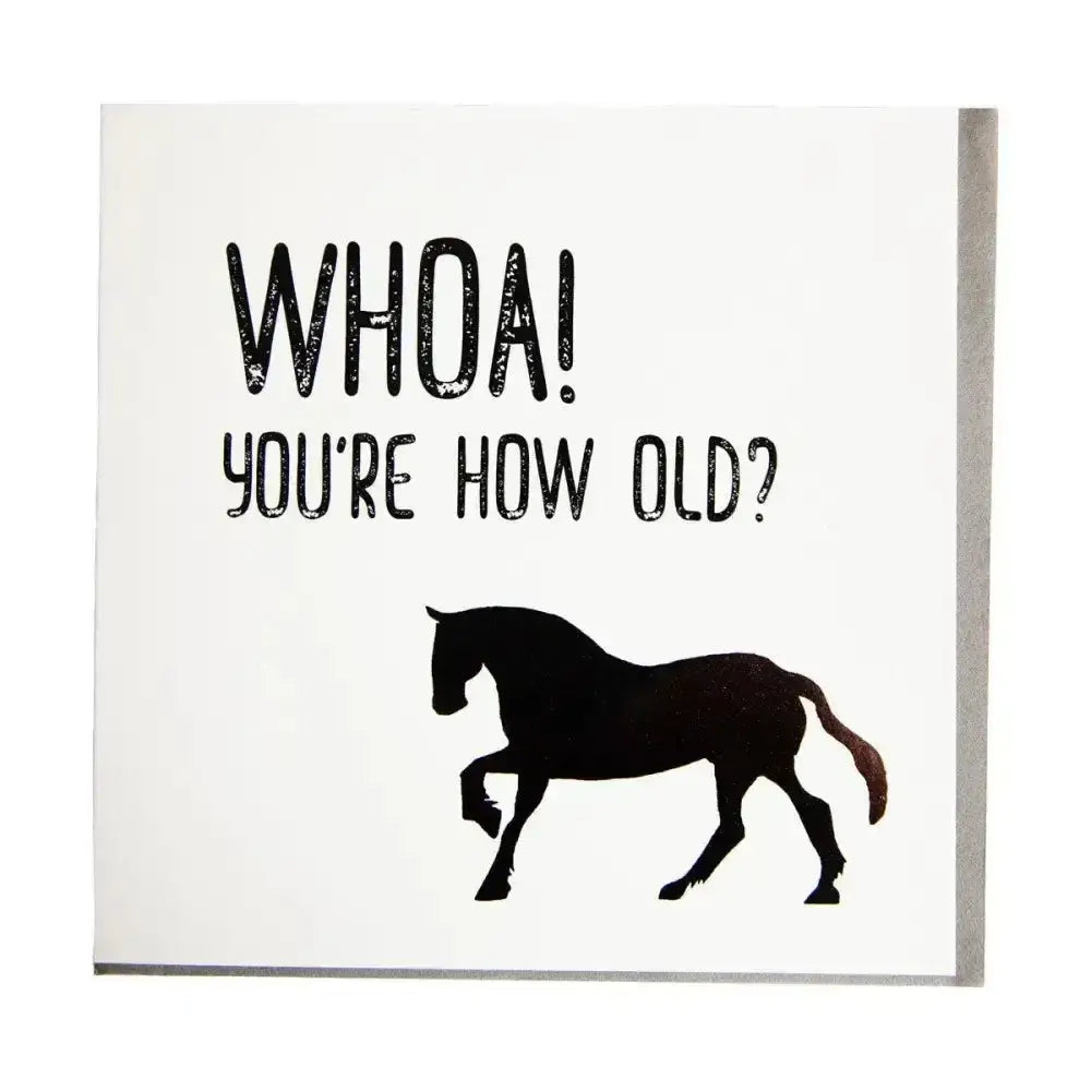 White gubblecote foiled greetings card with black horse silhouette and bold whoa youre how old text humourous foiled card