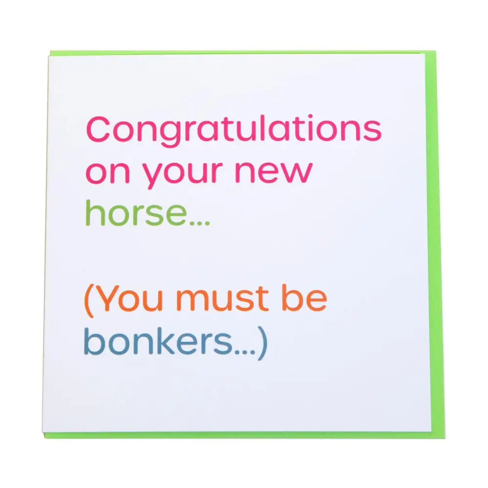 A white greeting card from gubblecote humourous wordy range with lime green border and colorful congratulations text