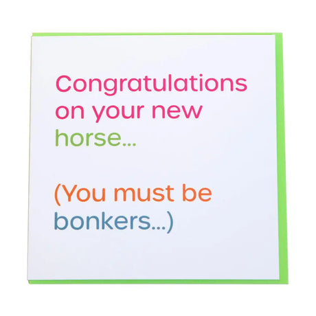 A white greeting card from gubblecote humourous wordy range with lime green border and colorful congratulations text