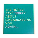 Teal square card from gubblecote humourous wordy range with playful light yellow and pastel pink text message