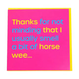 A vibrant pink gubblecote humourous card from the wordy range with a yellow border and cheeky multicolored text