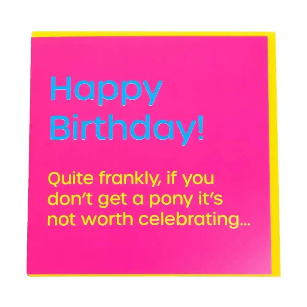 Vibrant pink gubblecote humourous card with yellow border and blue gold text from the gubblecote wordy range