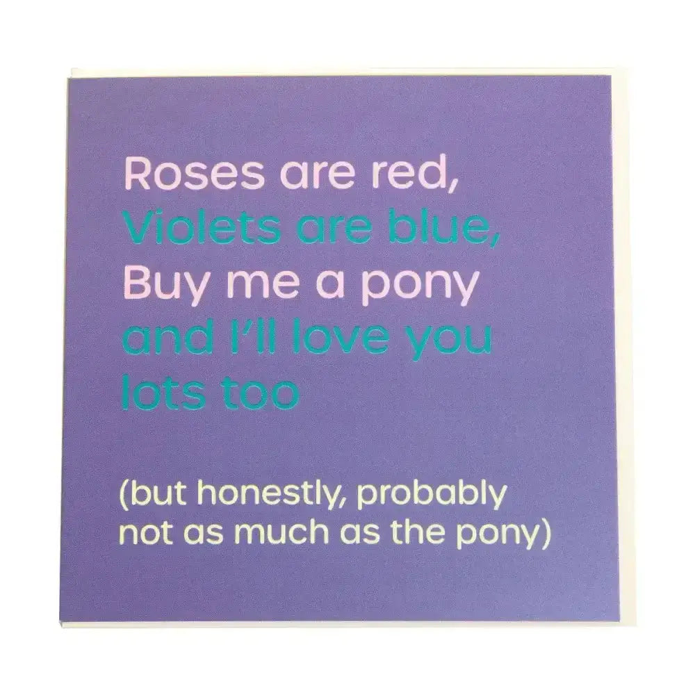 Purple square greeting card from gubblecote humourous wordy range with white and teal text for funny greetings