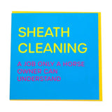 Bright blue gubblecote humourous card with bold yellow and pink text about sheath cleaning for horse owners