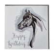 A square gubblecote watercolour greetings card with a black and gray equestrian themed horse sketch on a light background