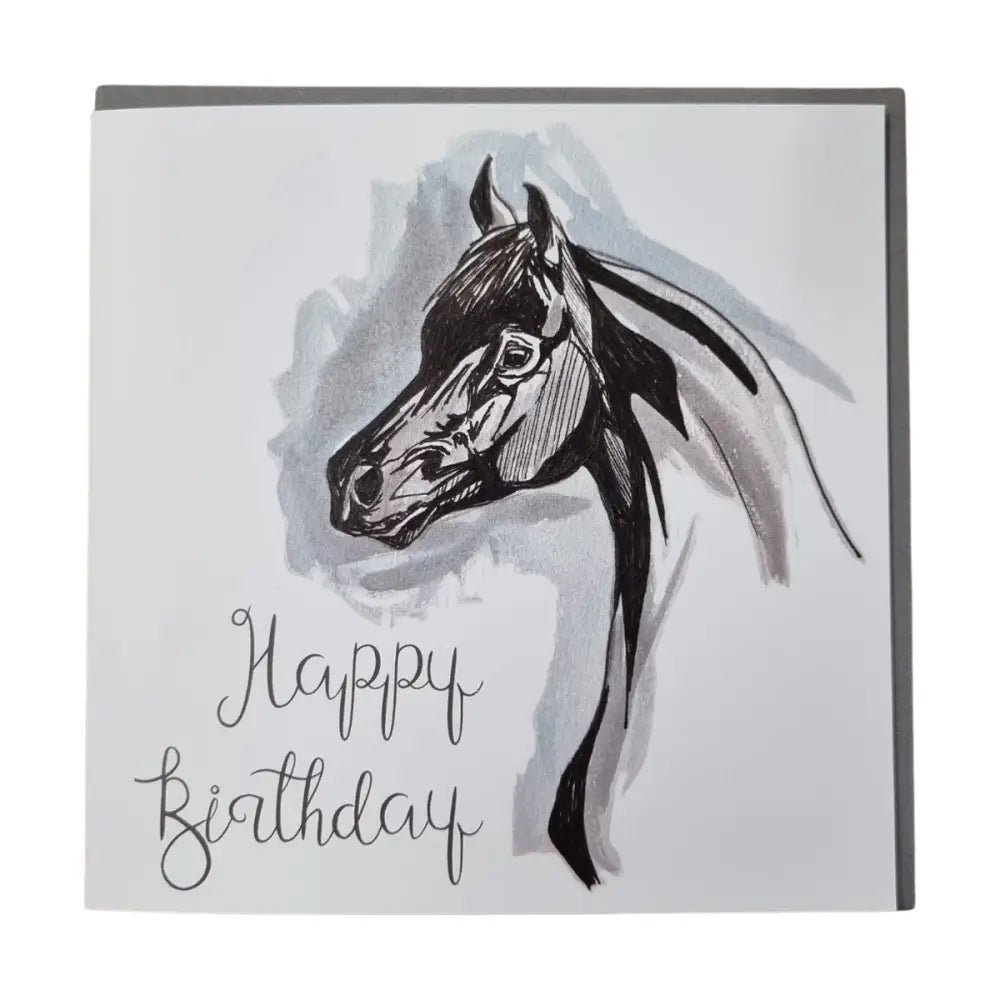 A square gubblecote watercolour greetings card with an equestrian themed black and gray horse head sketch on light background
