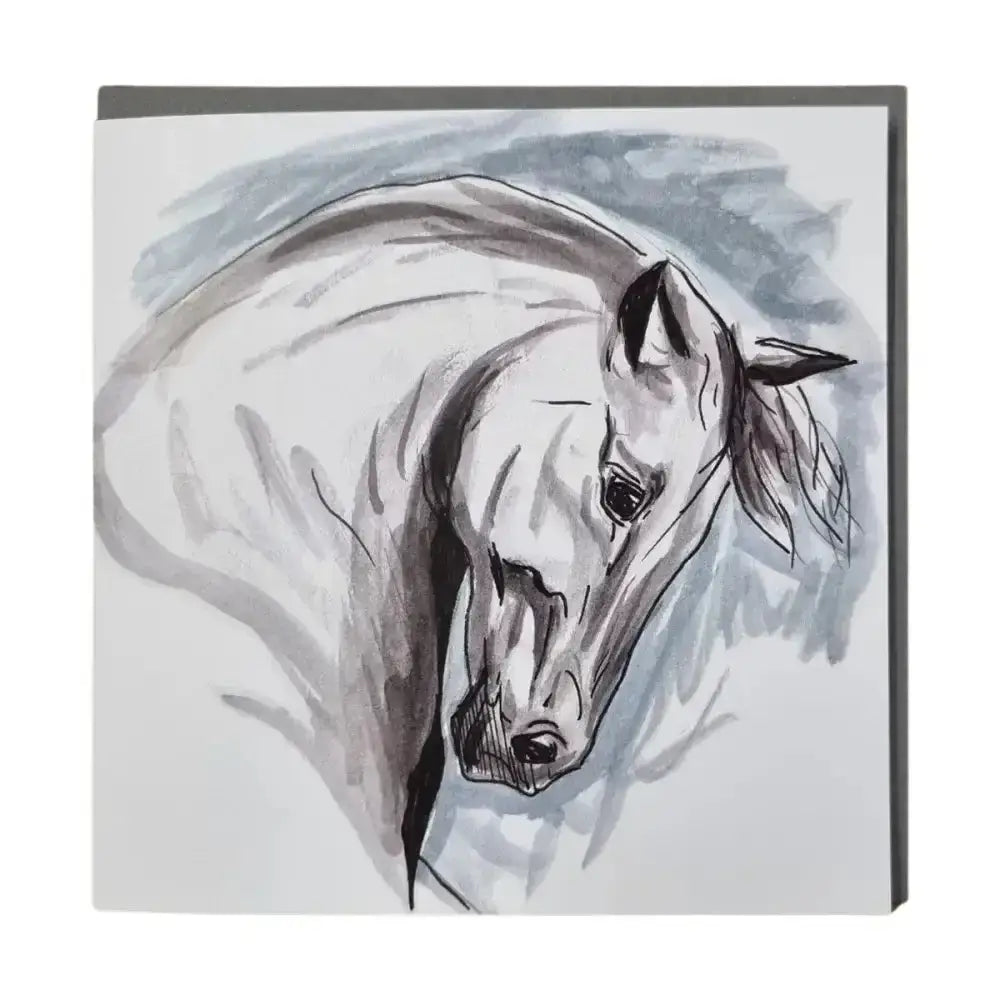 A gubblecote watercolour greetings card with a white horse in gray ink wash and black line art, perfect for equestrian themed fans