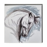 A gubblecote watercolour greetings card with a white horse in gray ink wash and black line art, perfect for equestrian themed fans