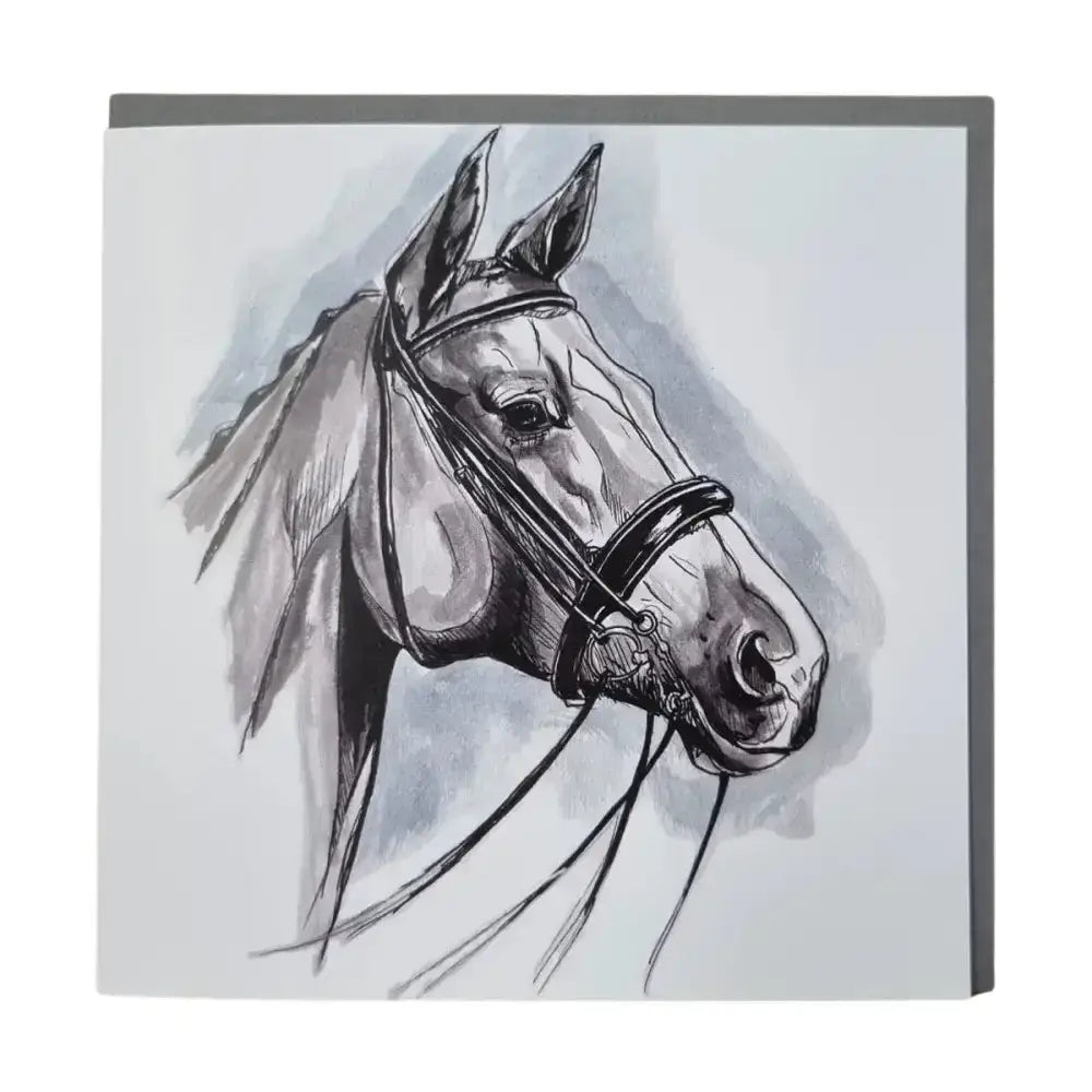 Black and gray sketch of a horse head in profile on a square canvas gubblecote watercolour equestrian themed card