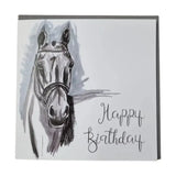 A gubblecote watercolour white greeting card with an equestrian themed black and gray horse head sketch and happy birthday text