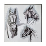 Square canvas with three black and white horse head sketches in various poses for gubblecote watercolour equestrian themed card