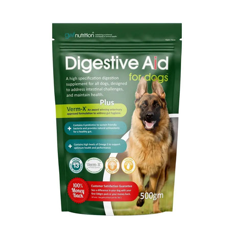 Green pouch of dm nutrition gwf digestive aid for dogs featuring a german shepherd to address intestinal challenges