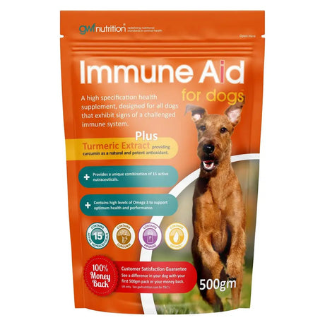 Orange pouch of gwf immune aid for dogs with turmeric extract omega 3 for a high specification health supplement