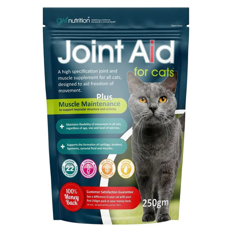 Dark blue gwf joint aid pouch for cats with muscle maintenance benefits featuring gray cat with yellow eyes