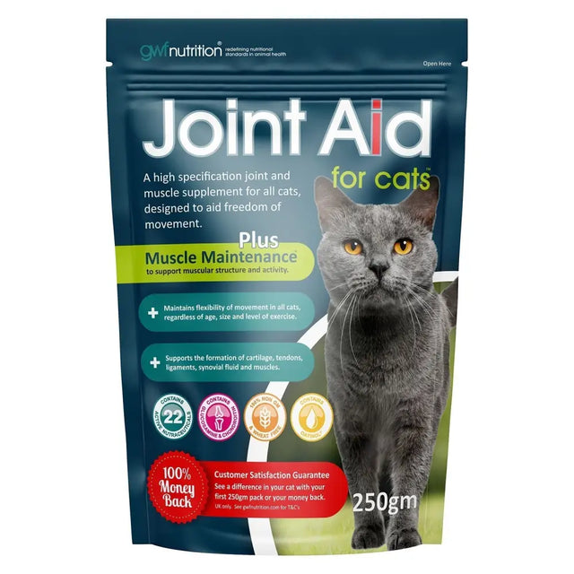 Dark blue gwf joint aid pouch for cats with muscle maintenance benefits featuring gray cat with yellow eyes