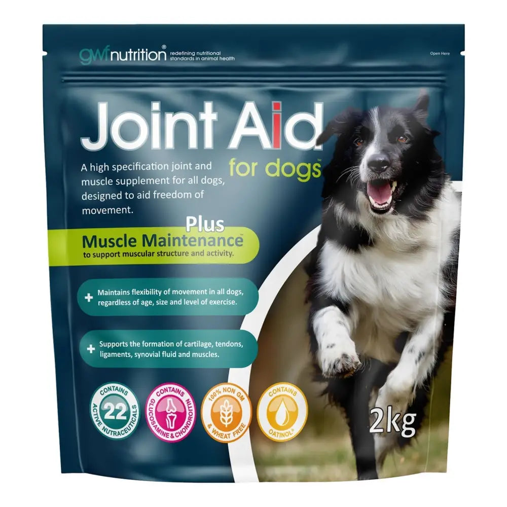 A 2kg pouch of gwf joint aid for dogs with high specification joint and muscle supplement featuring a border collie on dark blue packaging