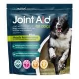A 2kg pouch of gwf joint aid for dogs with high specification joint and muscle supplement featuring a border collie on dark blue packaging