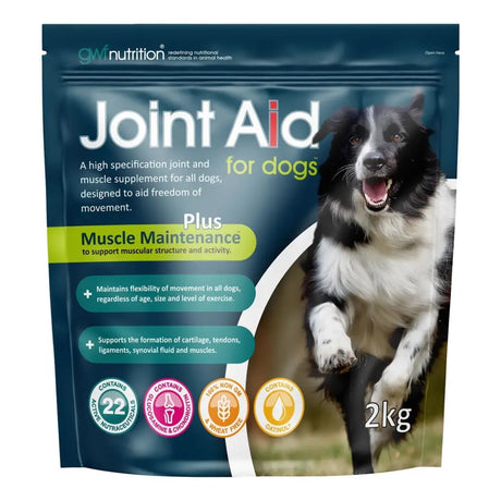 A 2kg pouch of gwf joint aid for dogs with high specification joint and muscle supplement featuring a border collie on dark blue packaging