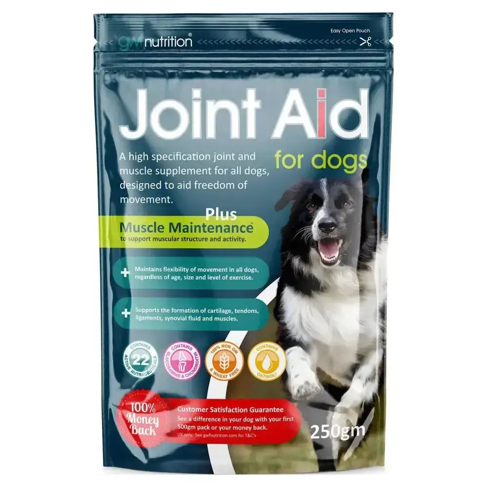 Dark blue resealable pouch of gwf joint aid for dogs muscle supplement with black and white dog image and green accents